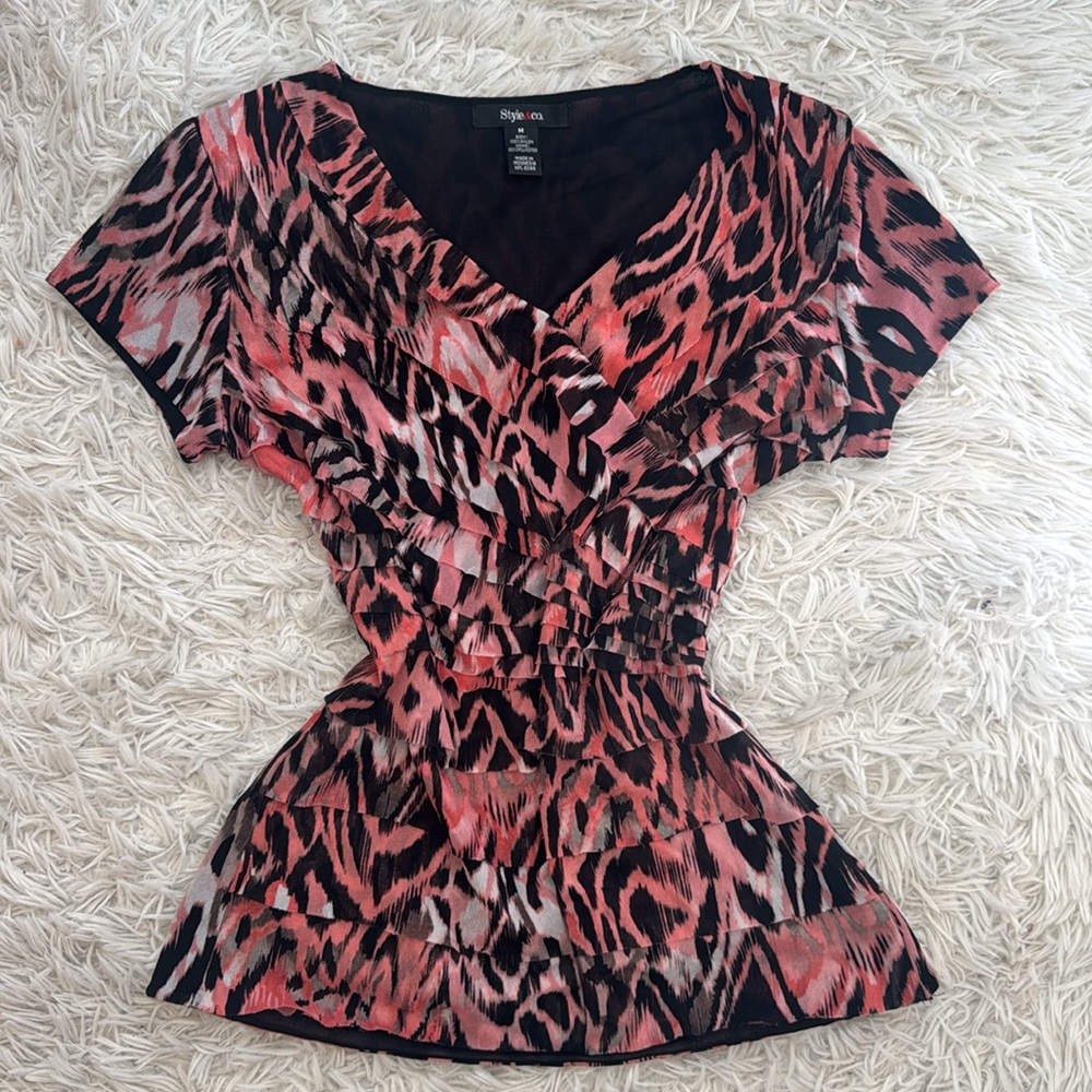 Style & Co Medium Y2K Pink Black Zebra Cheetah Pattern Vintage Ruffle Fringe Top